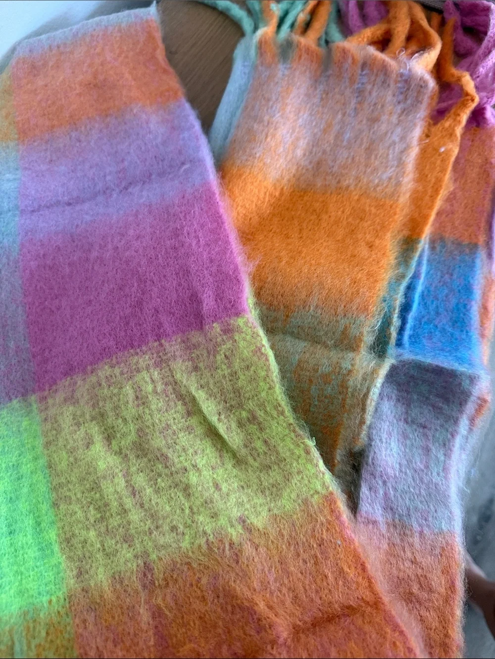 Plaid chunky Pastel Wrap Scarf in Orange & Mint